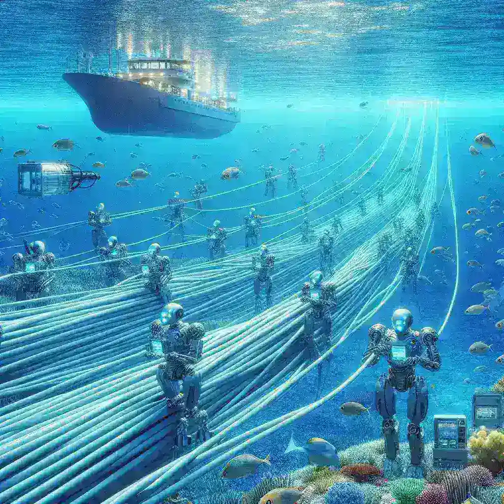 "AI powered robots autonomously laying foundation for undersea internet cables, showcasing advanced technology in marine engineering and robotics."